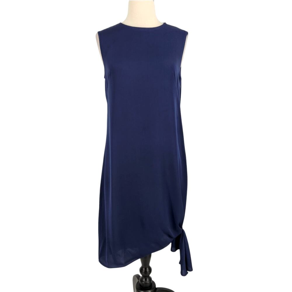 Milly Chiara Stretch Silk Sheath Dress Loose fit Asymmetrical Hem Tie Navy SZ 6